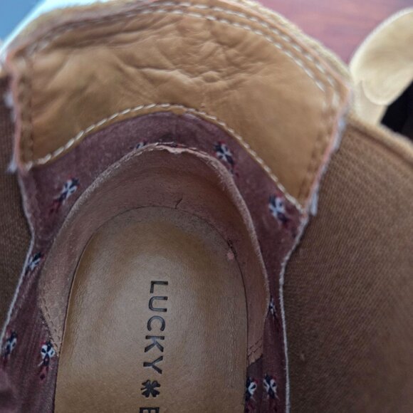 Lucky Brand US Womens Sz 7.5 Yamka Tan Suede Leather Wedge Ankle Booties Fall - Picture 11 of 12